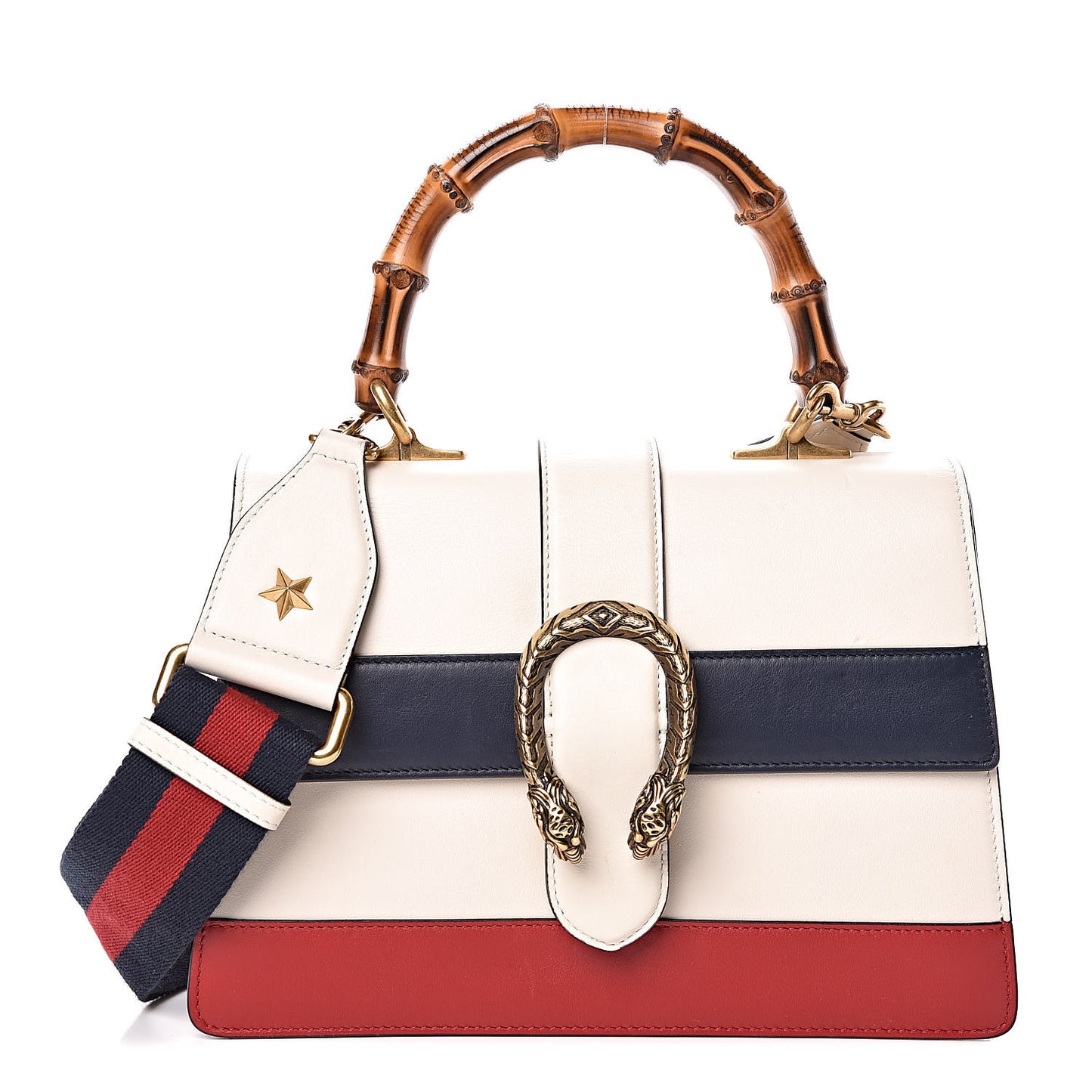 Calfskin Bamboo Web Medium Dionysus Top Handle Bag White Blue Hibiscus Red