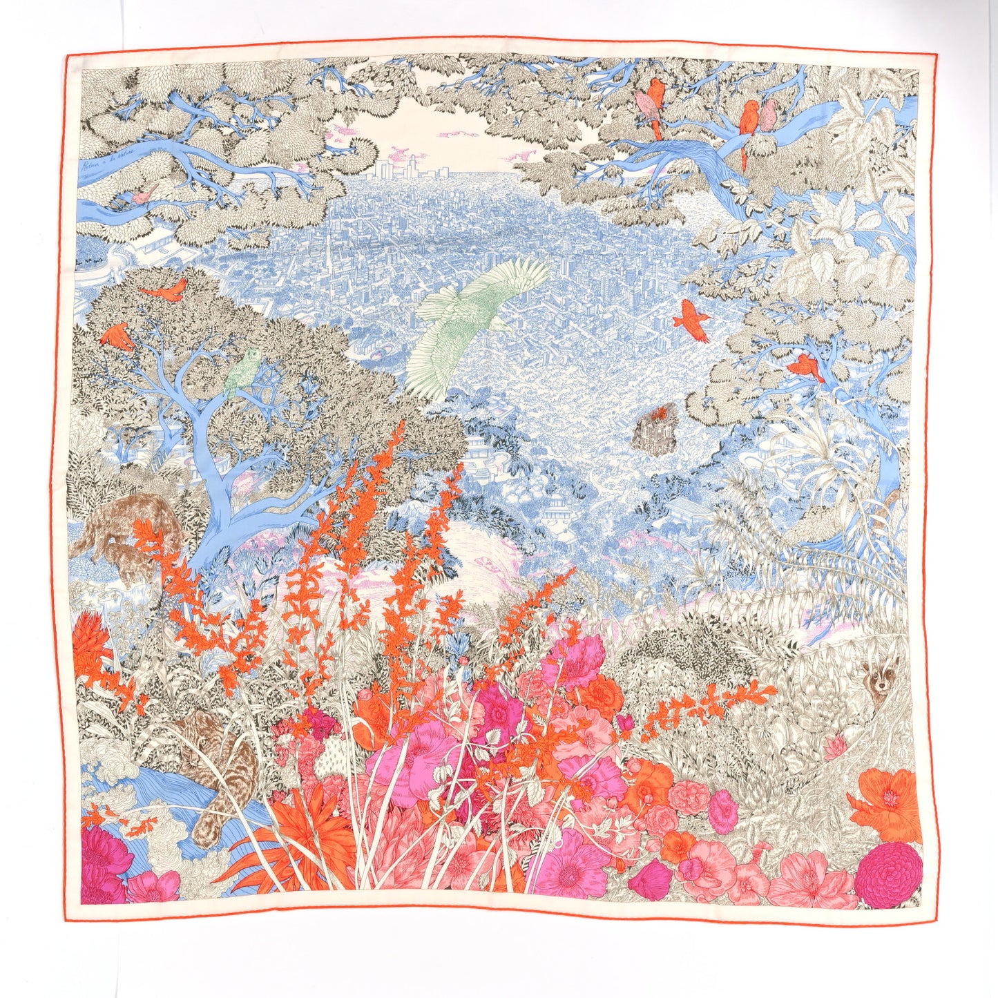 Cashmere Silk Retour a la Nature Shawl 140 Bleu Ciel Rose Cyclamen Orange