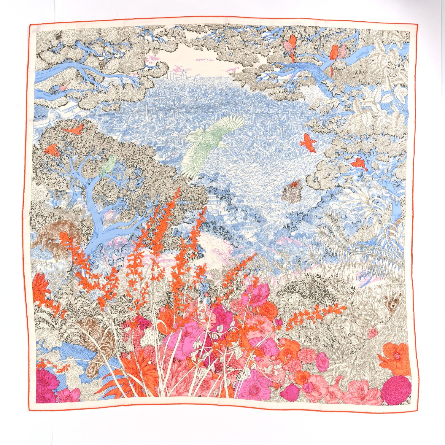 Hermes Cashmere Silk Retour a la Nature Shawl 140 Bleu Ciel Rose Cyclamen Orange 1 of 5