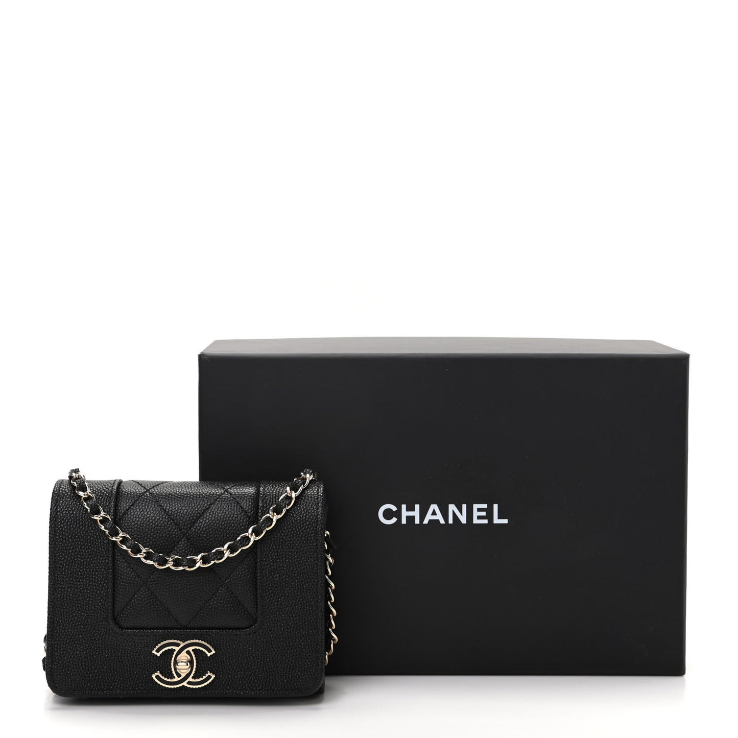 Caviar Quilted Vintage Mademoiselle Card Holder On Chain Black