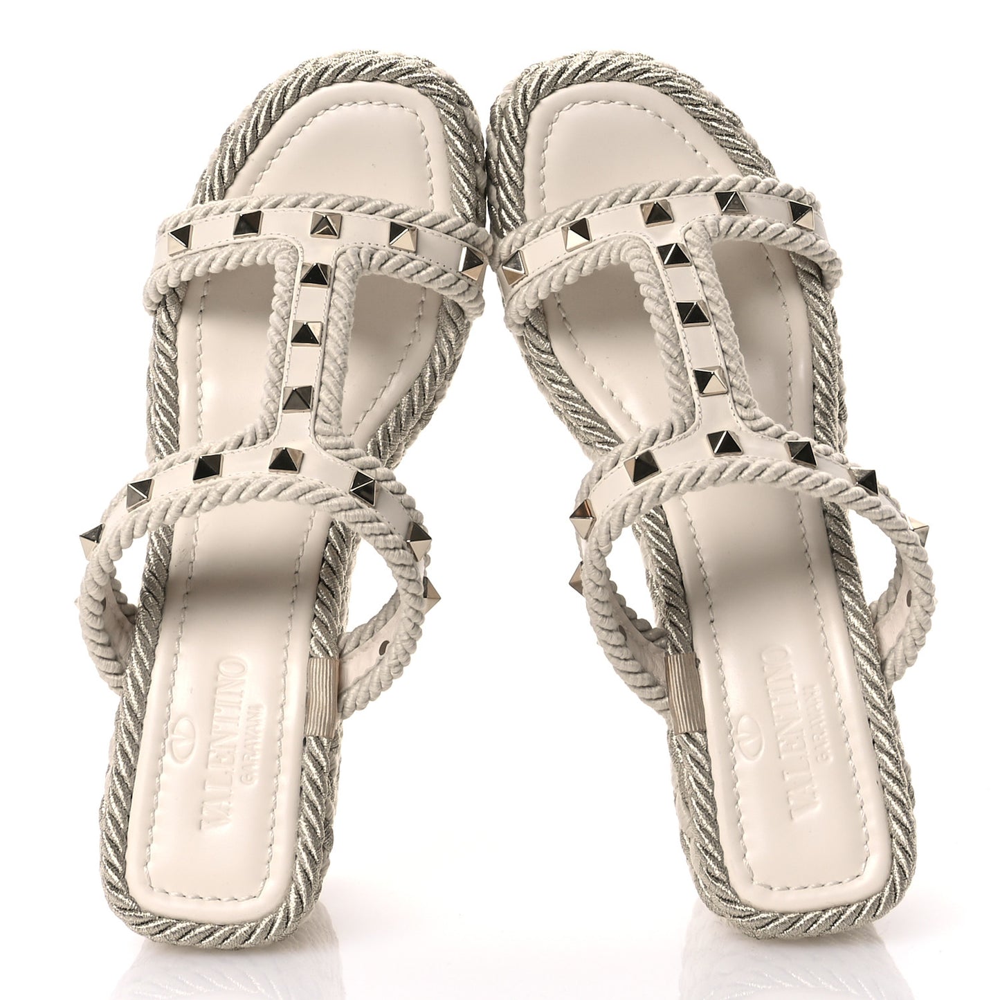 Calfskin Rockstud Torchon Espadrille Caged 25/95mm Wedge Sandals 38 Light Ivory