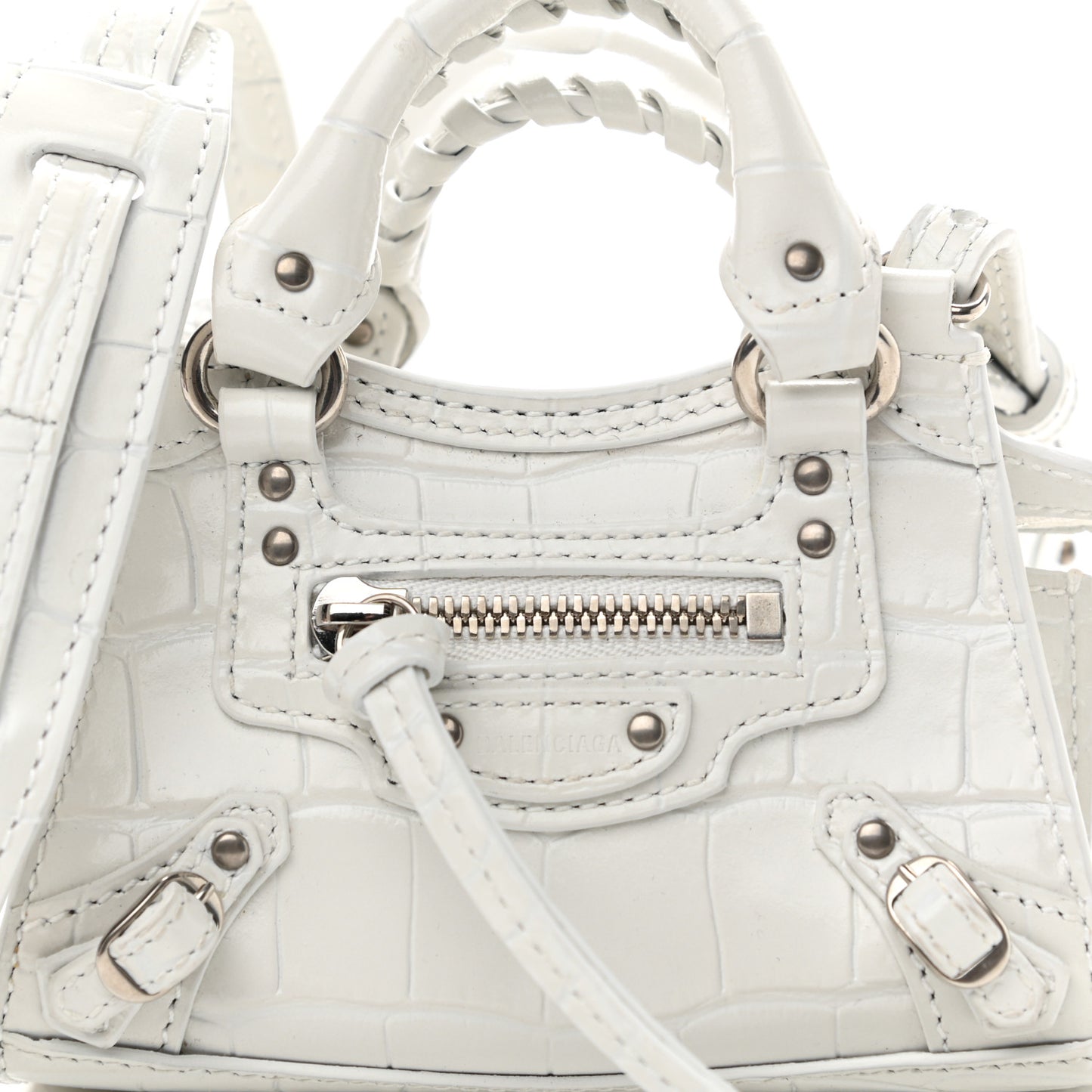 Extra Supple Calfskin Crocodile Embossed Neo Classic Silver Hardware Super Nano City Crossbody White