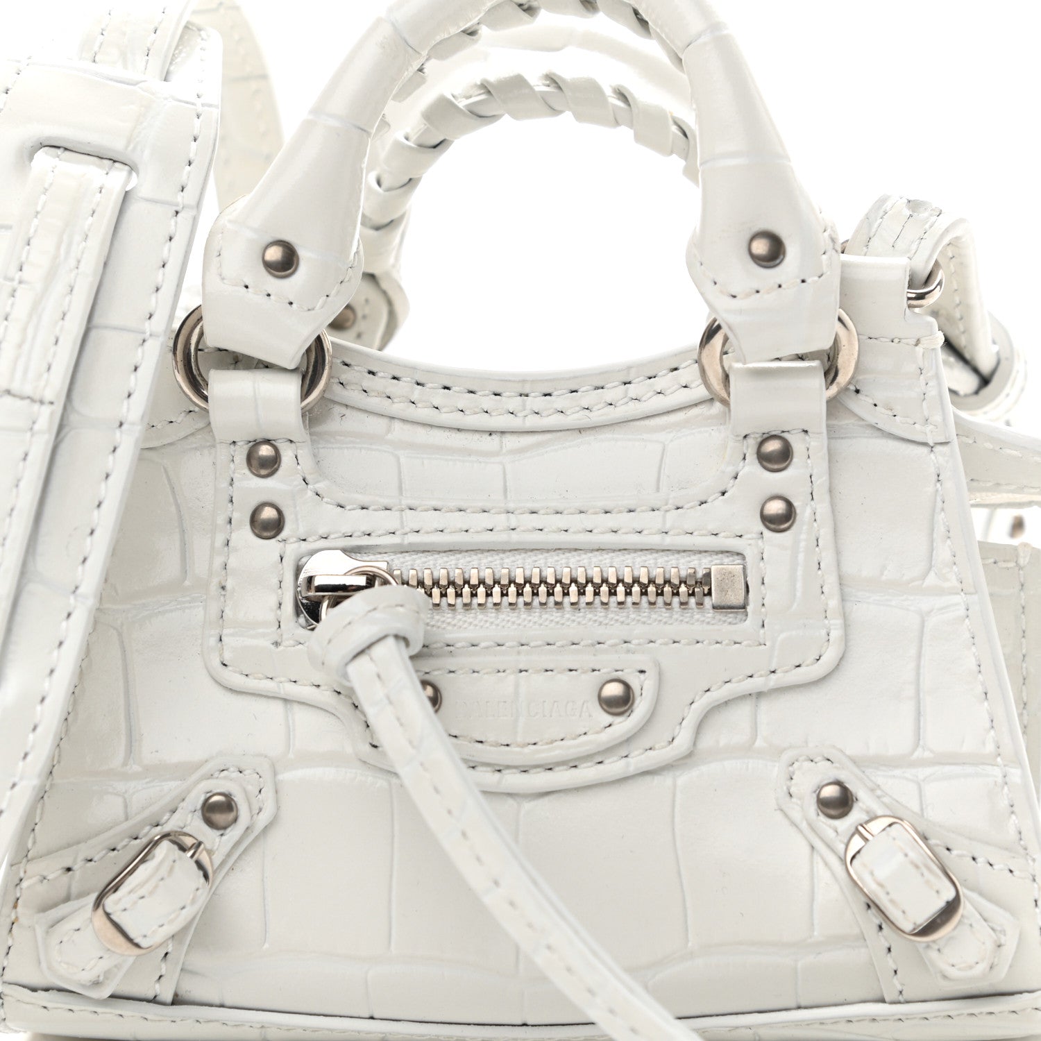 Balenciaga Extra Supple Calfskin Crocodile Embossed Neo Classic Silver Hardware Super Nano City Crossbody White 7 of 10