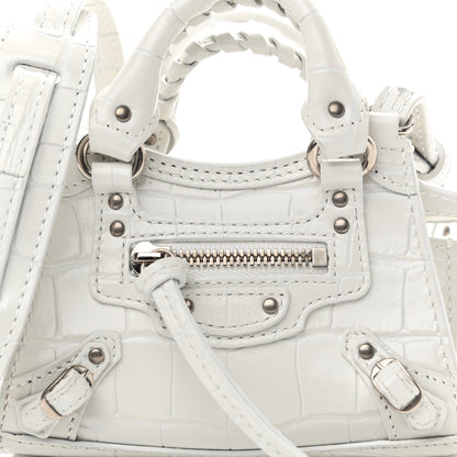 Balenciaga Extra Supple Calfskin Crocodile Embossed Neo Classic Silver Hardware Super Nano City Crossbody White 7 of 10