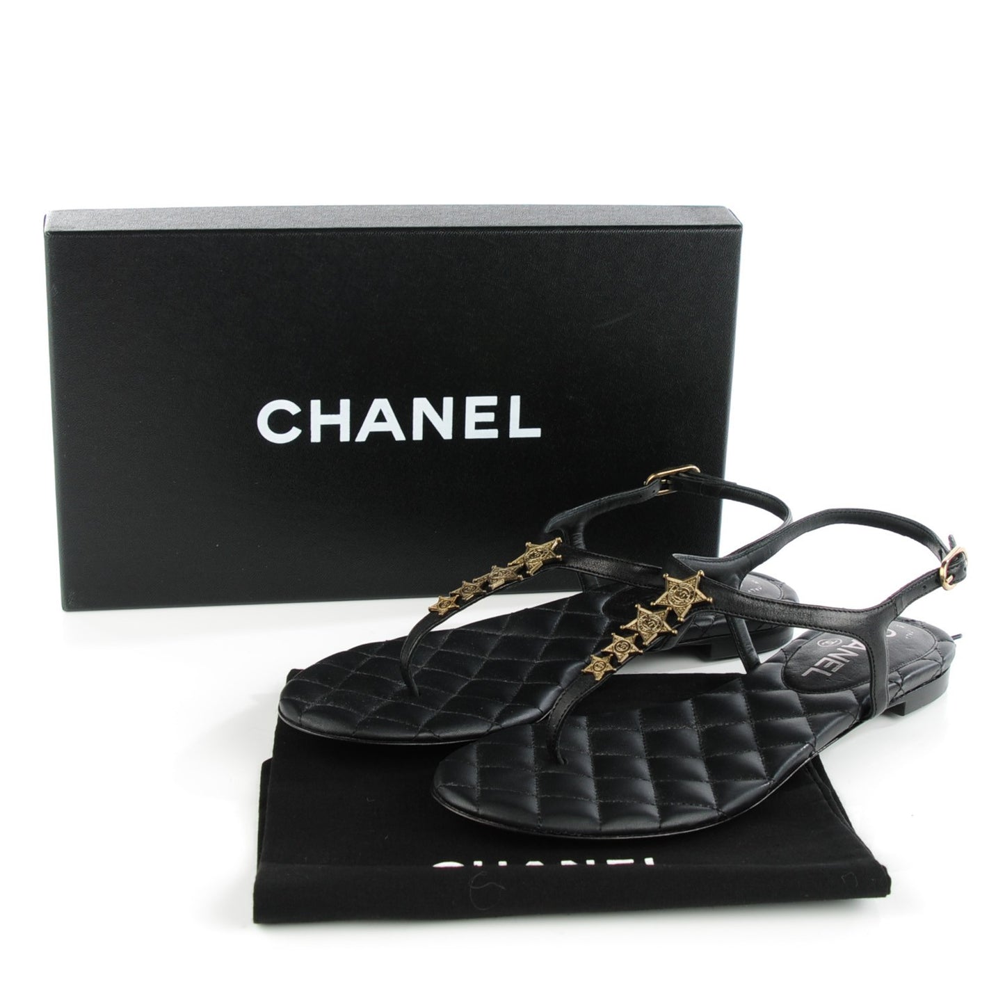 Calfskin Paris Dallas Quilted Star CC Thong Sandals Black 37.5