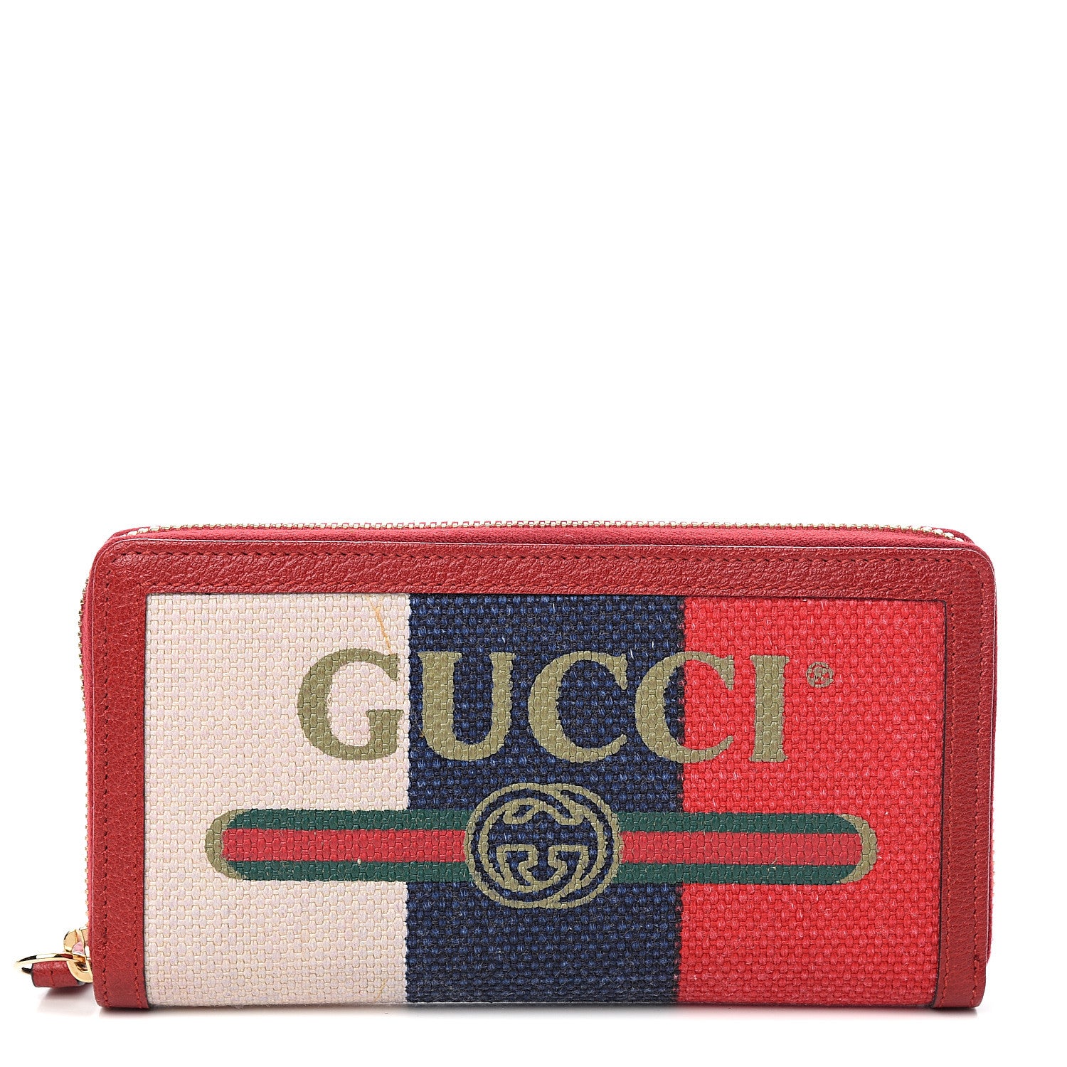 Gucci Canvas Sylvie Stripe Logo Zip Around Wallet Mystic White Hibiscus Red Maritime 1 of 8