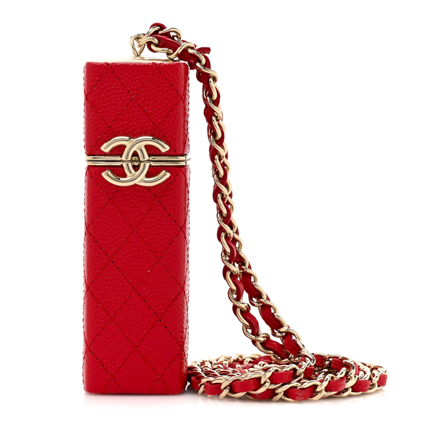 Caviar Stitched Lipstick Case On Chain Red