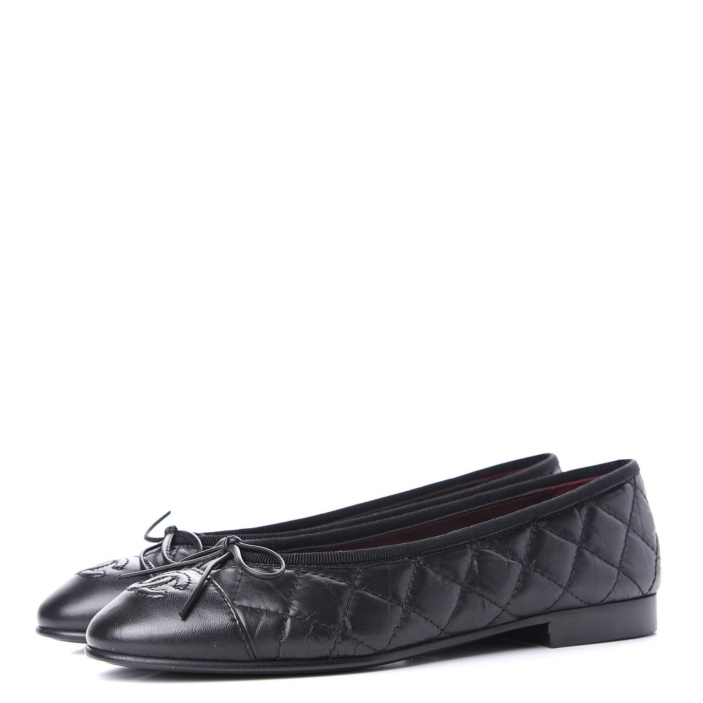 Aged Calfskin Quilted Cap Toe Ballerina Flats 35.5 Black