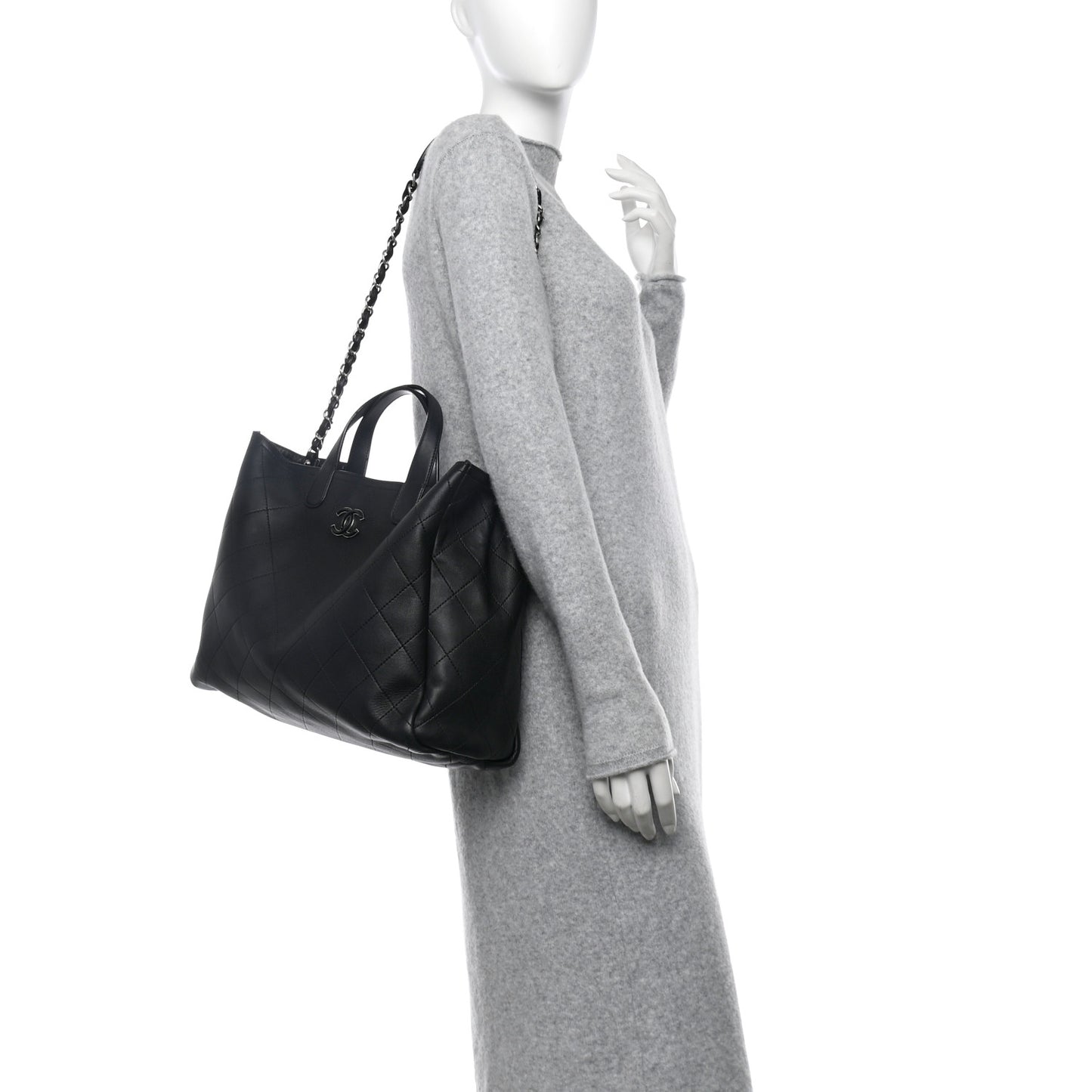 Calfskin Stitched Large Lady Coco Shopping Tote Black