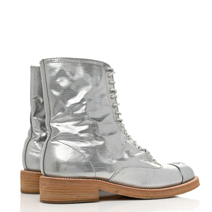 Chanel Fantasy Calfskin PVC Lace Up Combat Boots 39 Silver 4 of 10