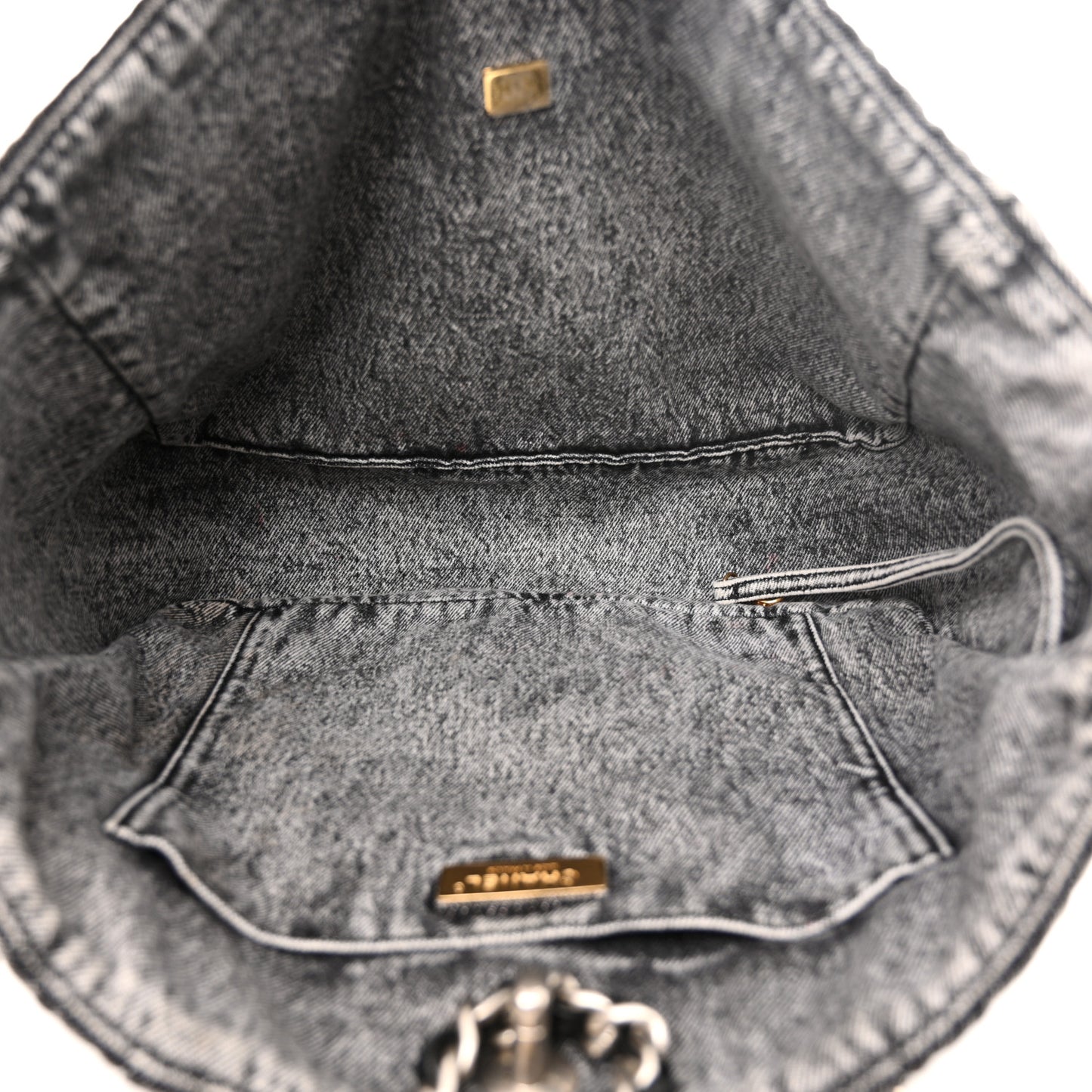 Washed Denim Quilted Chanel 19 East West Shopping Bag Black White