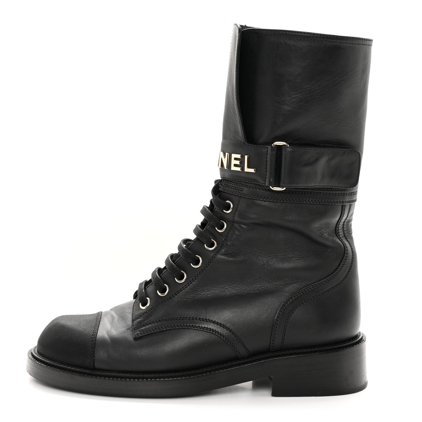 Shiny Calfskin Lace Up Combat Boots 38 Black