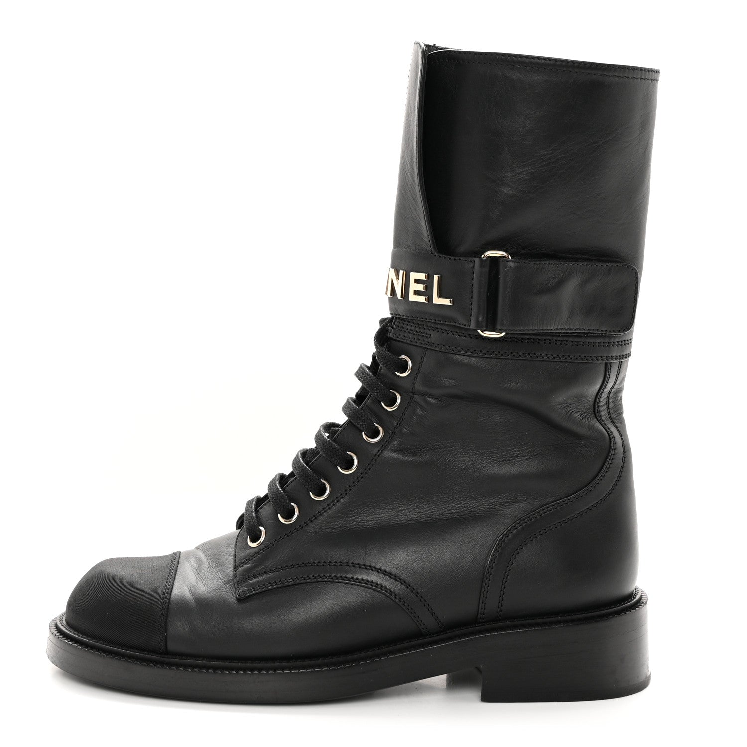 Chanel Shiny Calfskin Lace Up Combat Boots 38 Black 1 of 16