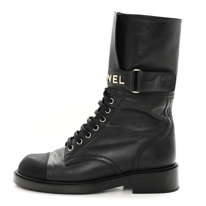 Chanel Shiny Calfskin Lace Up Combat Boots 38 Black 1 of 16
