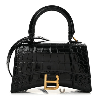 Balenciaga Shiny Calfskin Crocodile Embossed Hourglass Top Handle Bag XS Black 1 of 12