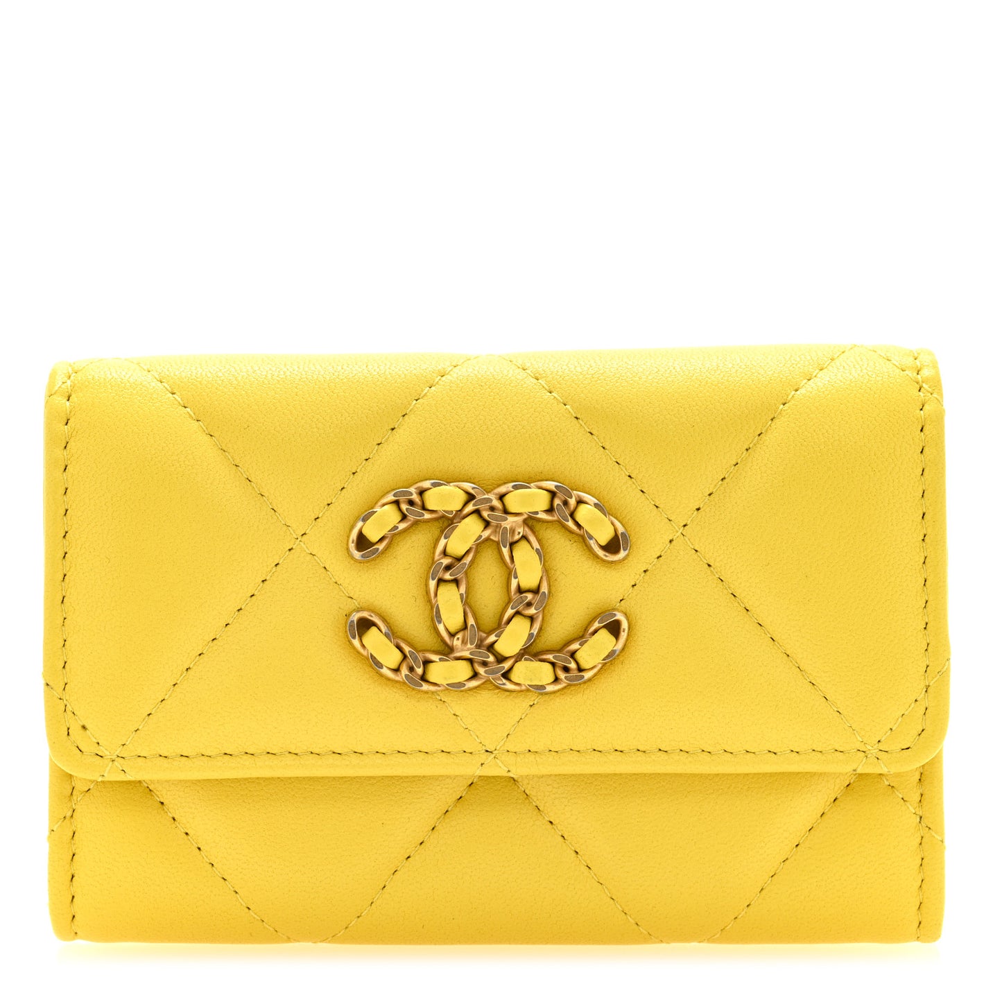 Lambskin Quilted Chanel 19 Flap Card Holder Yellow