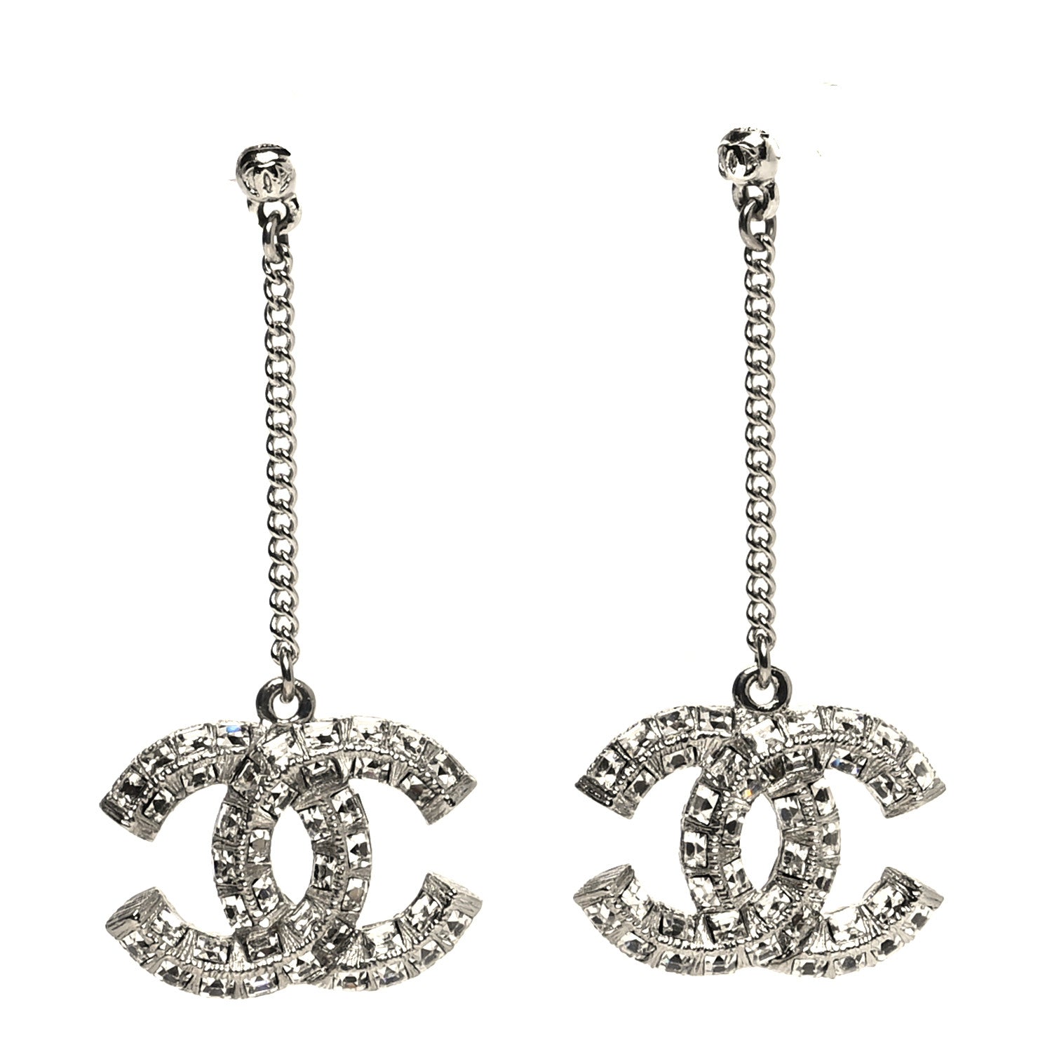 Chanel Baguette Crystal CC Drop Earrings Silver 1 of 3