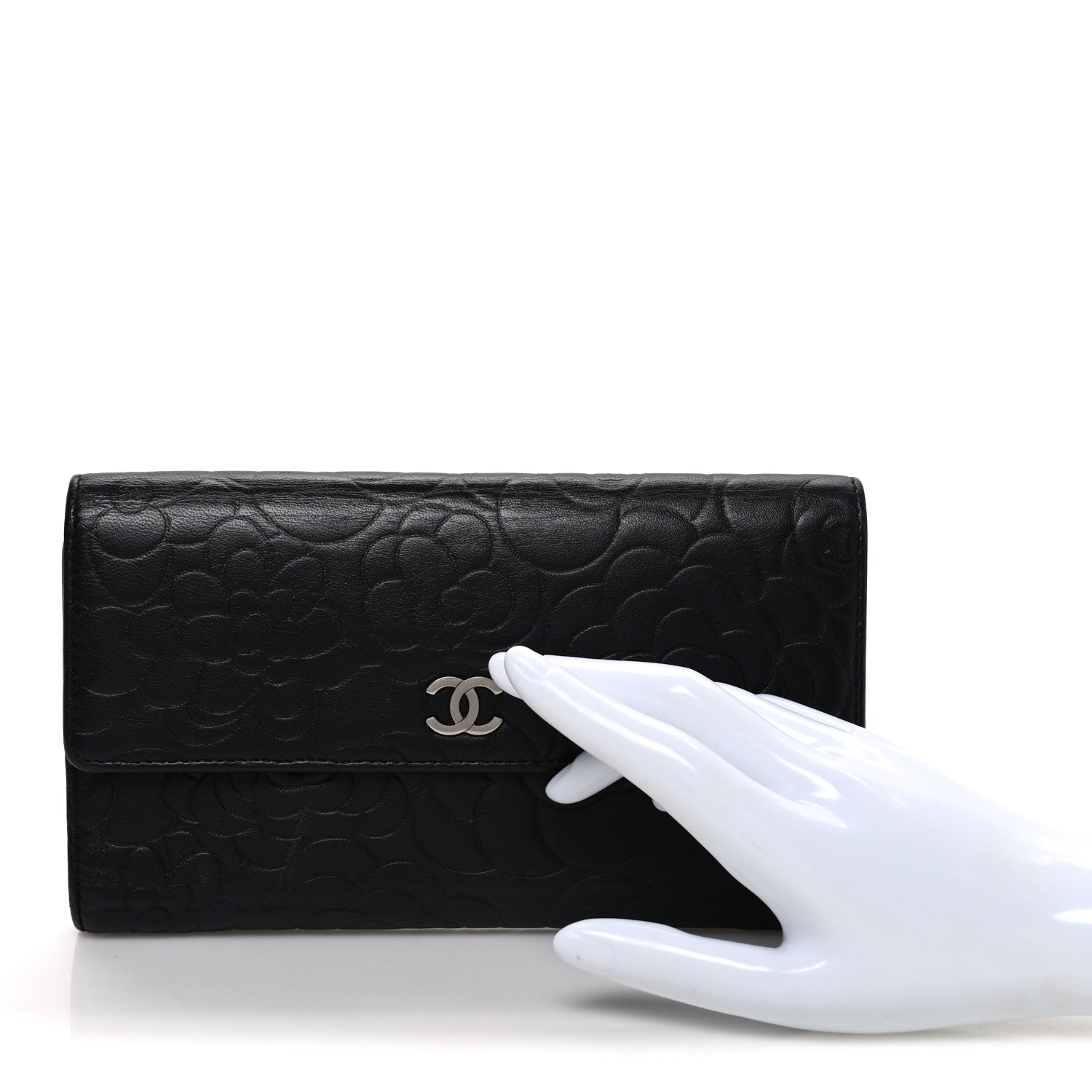 Chanel Lambskin Camellia Embossed Large Flap Wallet Black 2 of 8