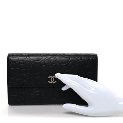 Chanel Lambskin Camellia Embossed Large Flap Wallet Black 2 of 8