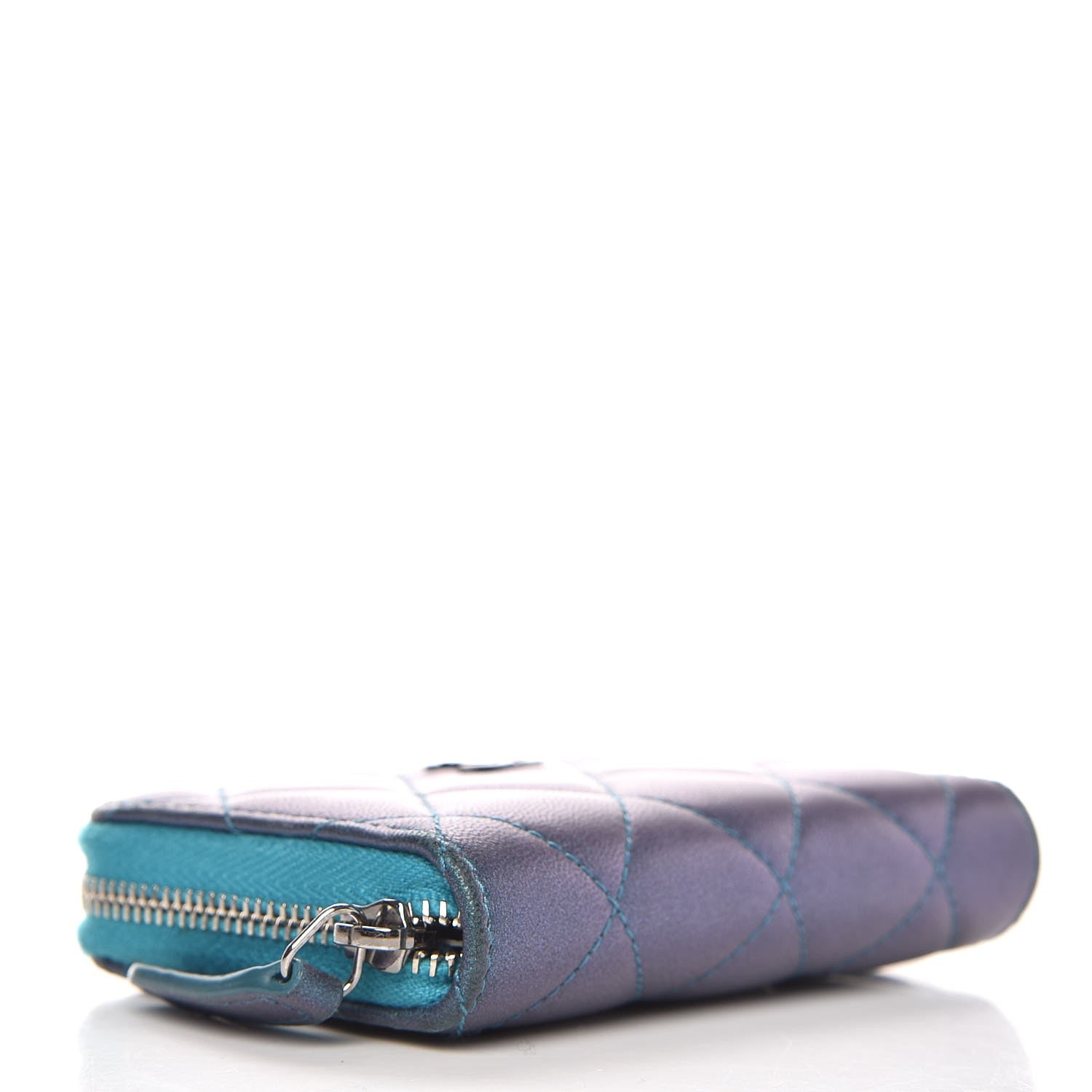 Chanel Metallic Lambskin Quilted Zip Around Coin Purse Wallet Turquoise 4 of 8