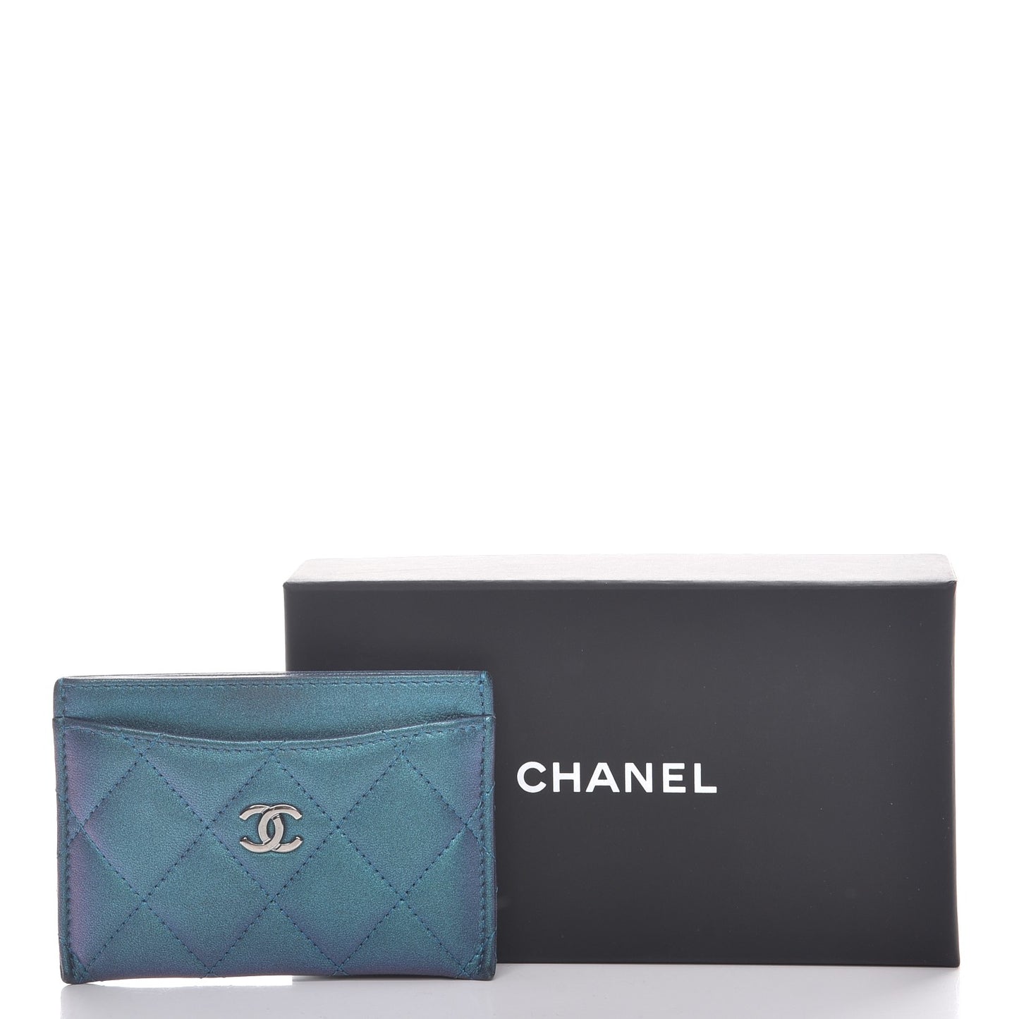 Metallic Lambskin Quilted Card Holder Turquoise