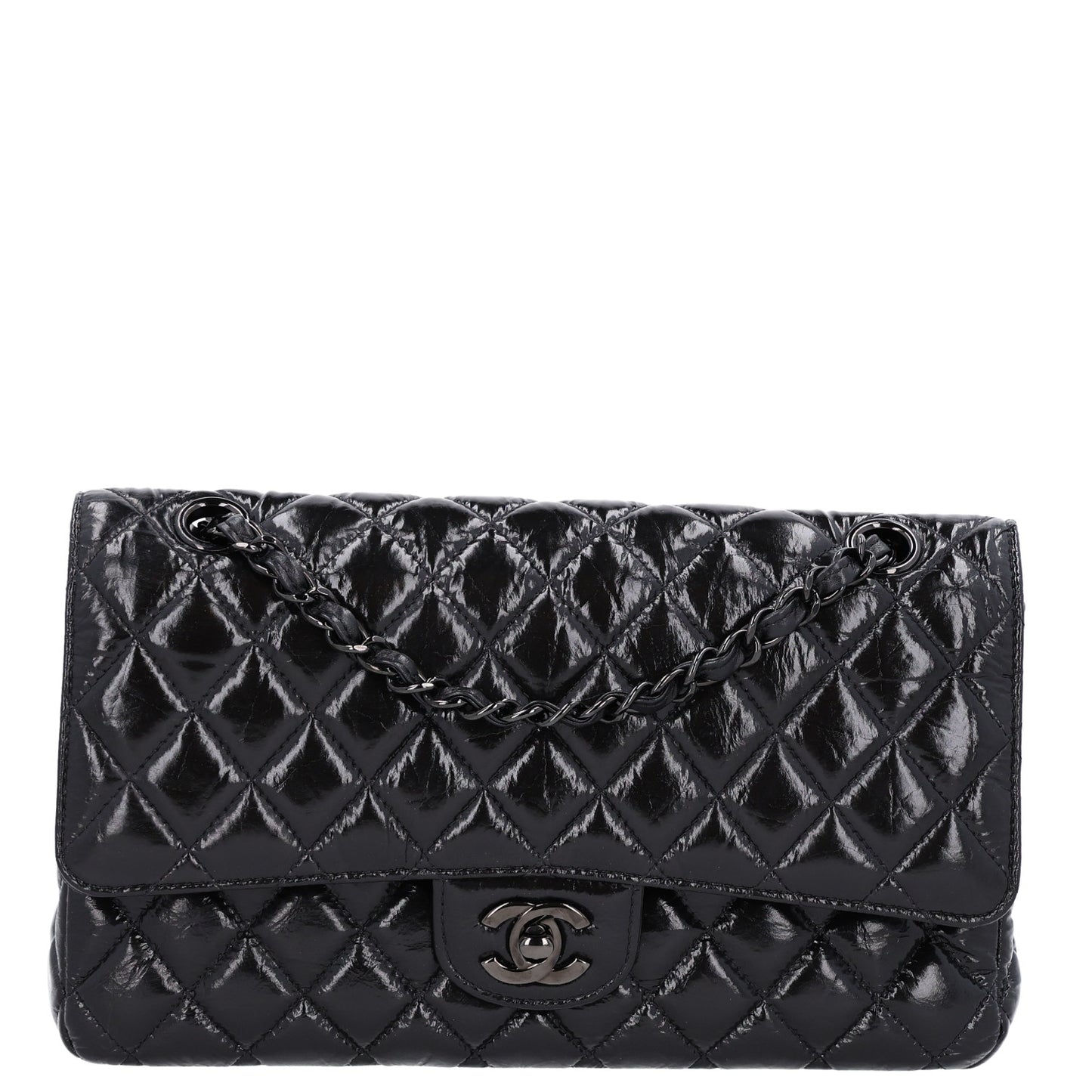 Shiny Crumpled Calfskin Quilted Medium Double Flap So Black