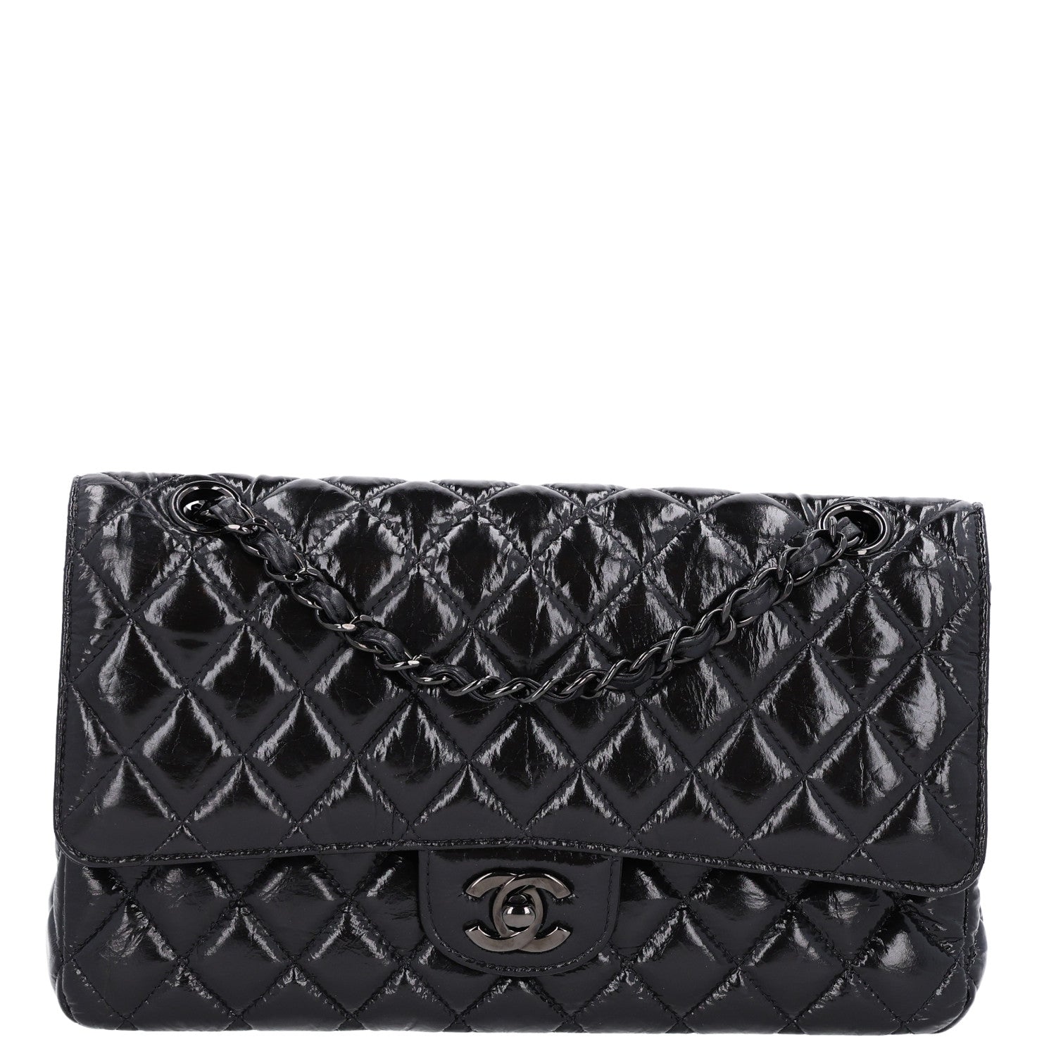 Chanel Shiny Crumpled Calfskin Quilted Medium Double Flap So Black 1 of 11