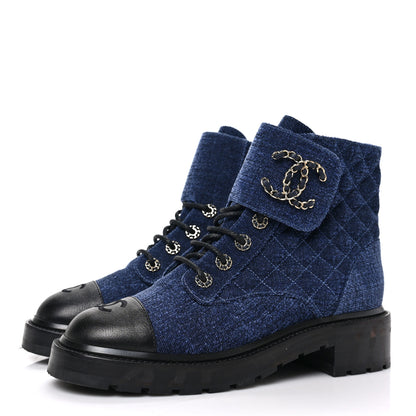Chanel Denim Calfskin Quilted Lace Up Combat Boots 40 Blue 3 of 6
