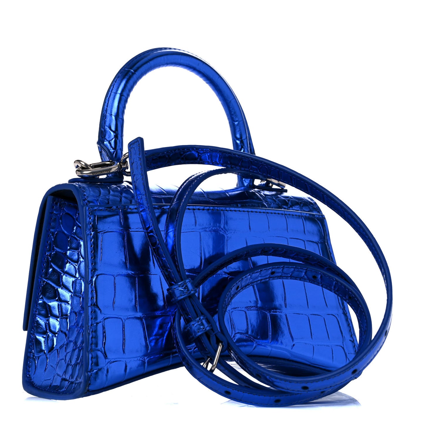 Metallic Shiny Calfskin Crocodile Embossed Hourglass Top Handle Bag XS Royal Blue