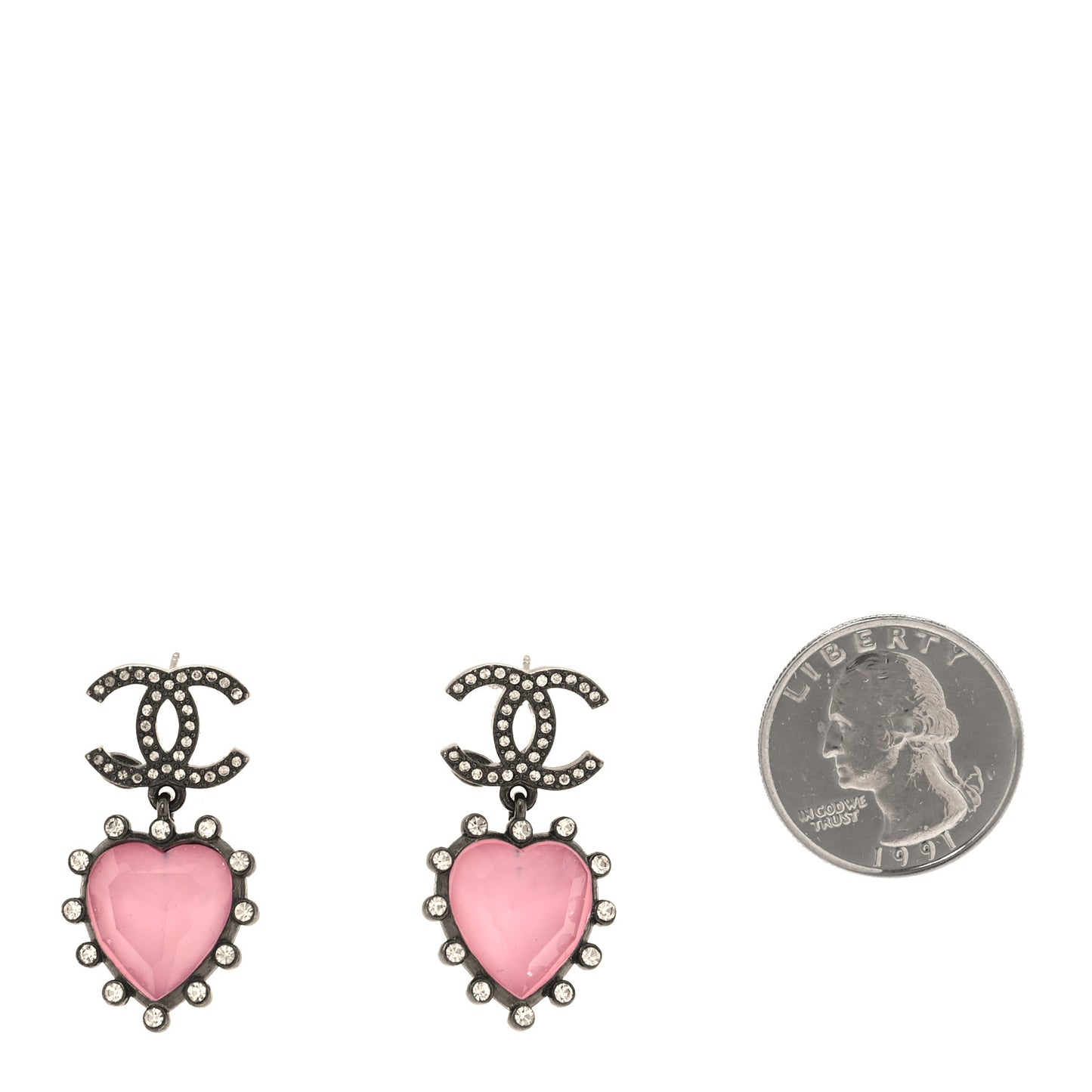 Metal Crystal Heart CC Drop Earrings Pink Silver