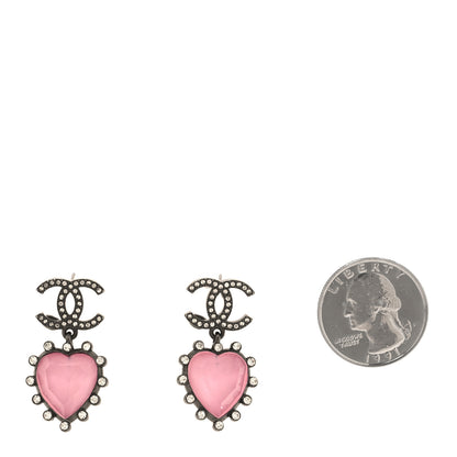 Chanel Metal Crystal Heart CC Drop Earrings Pink Silver 2 of 5