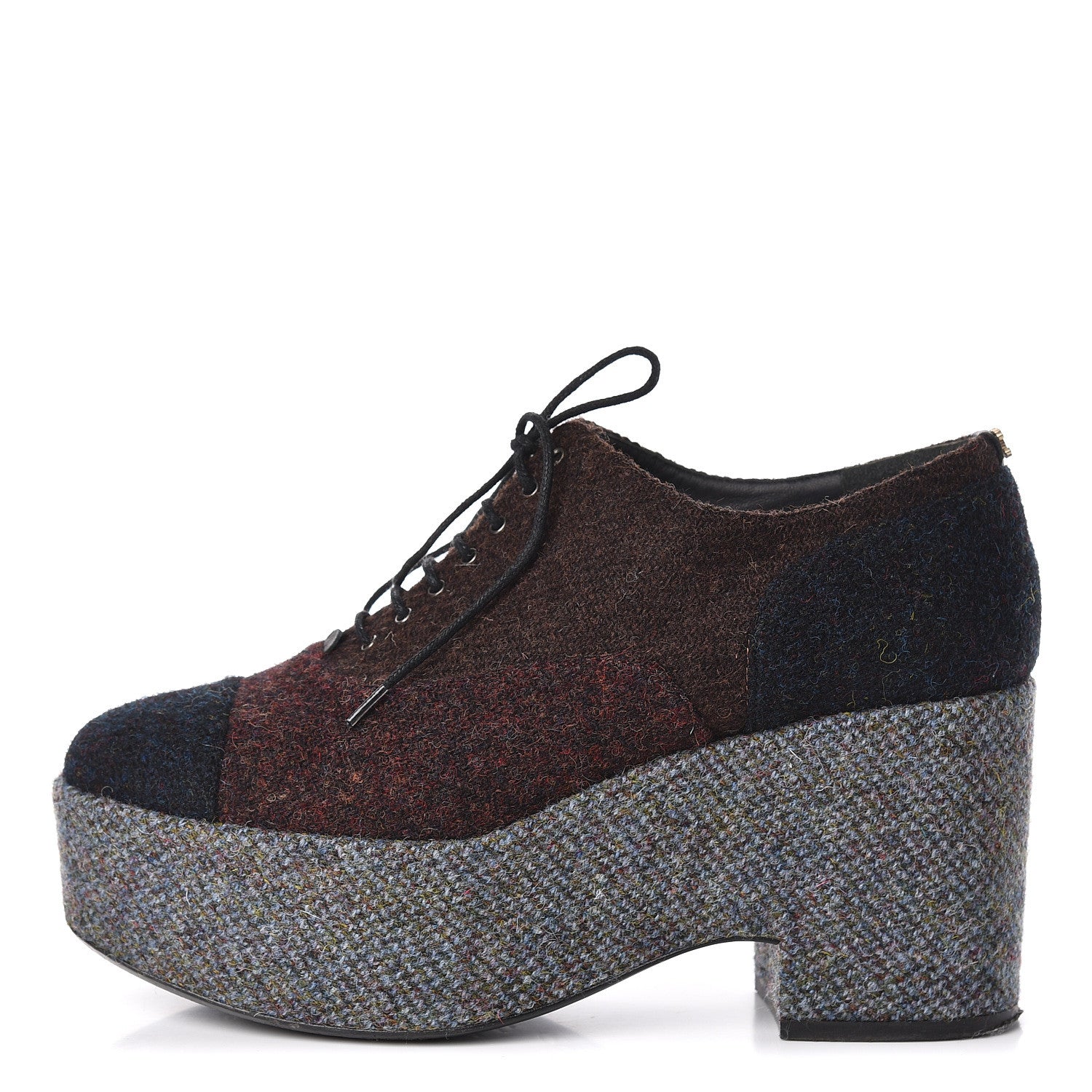 Chanel Tweed Lace Up Platform Oxford 40.5 Burgundy Navy Grey 1 of 13