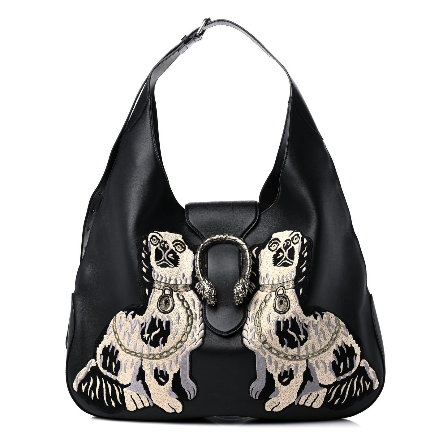 Calfskin Dog Embroidered Extra Large Dionysus Hobo Black