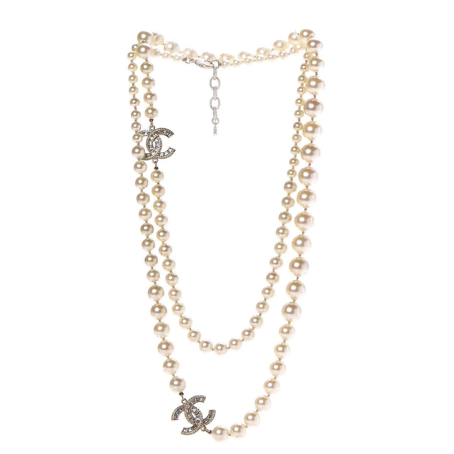 Graduated Pearl Crystal CC Long Necklace Light Gold