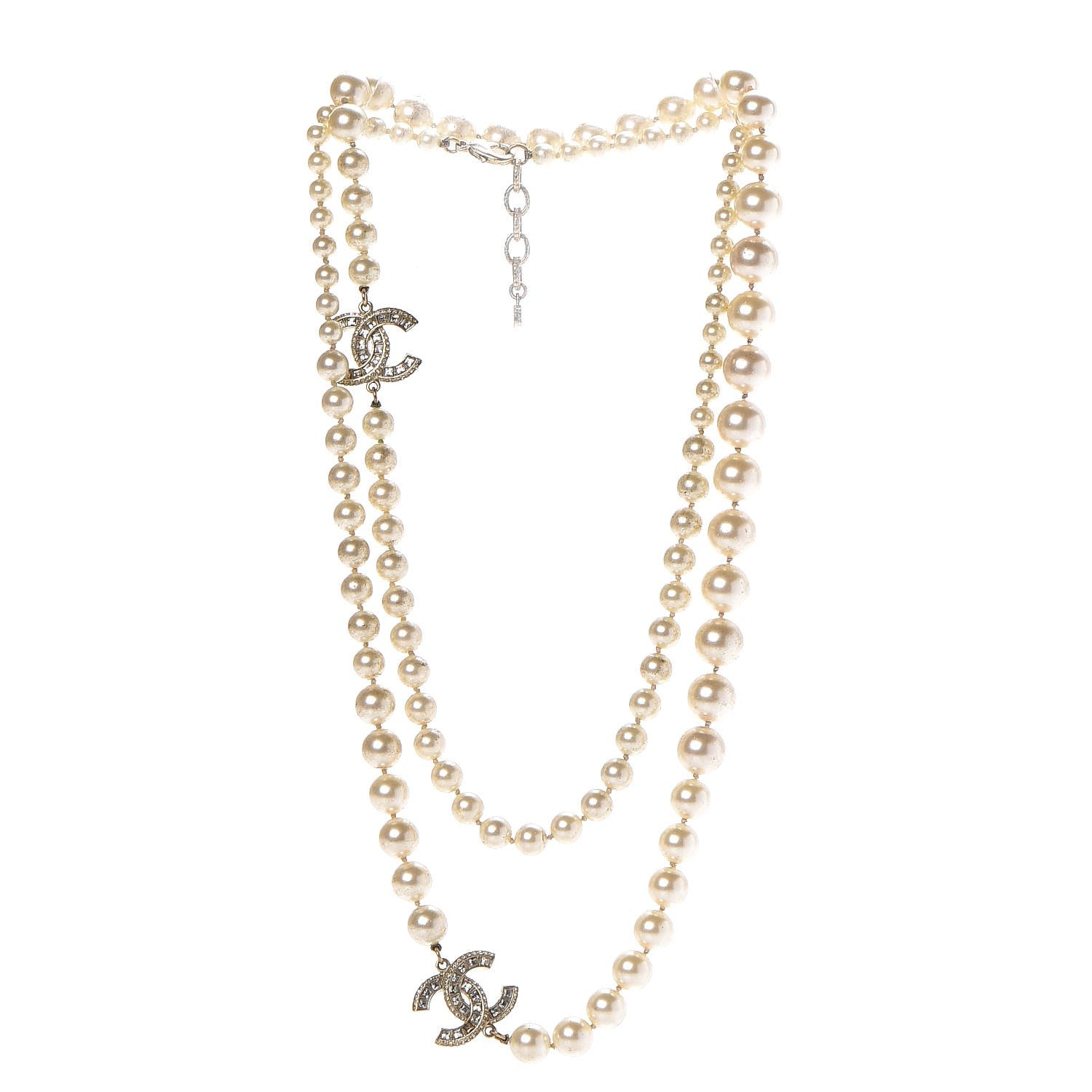 Chanel Graduated Pearl Crystal CC Long Necklace Light Gold 3 of 8