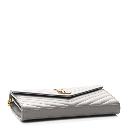 Saint Laurent Grain De Poudre Matelasse Chevron Monogram Chain Wallet Fog 4 of 8