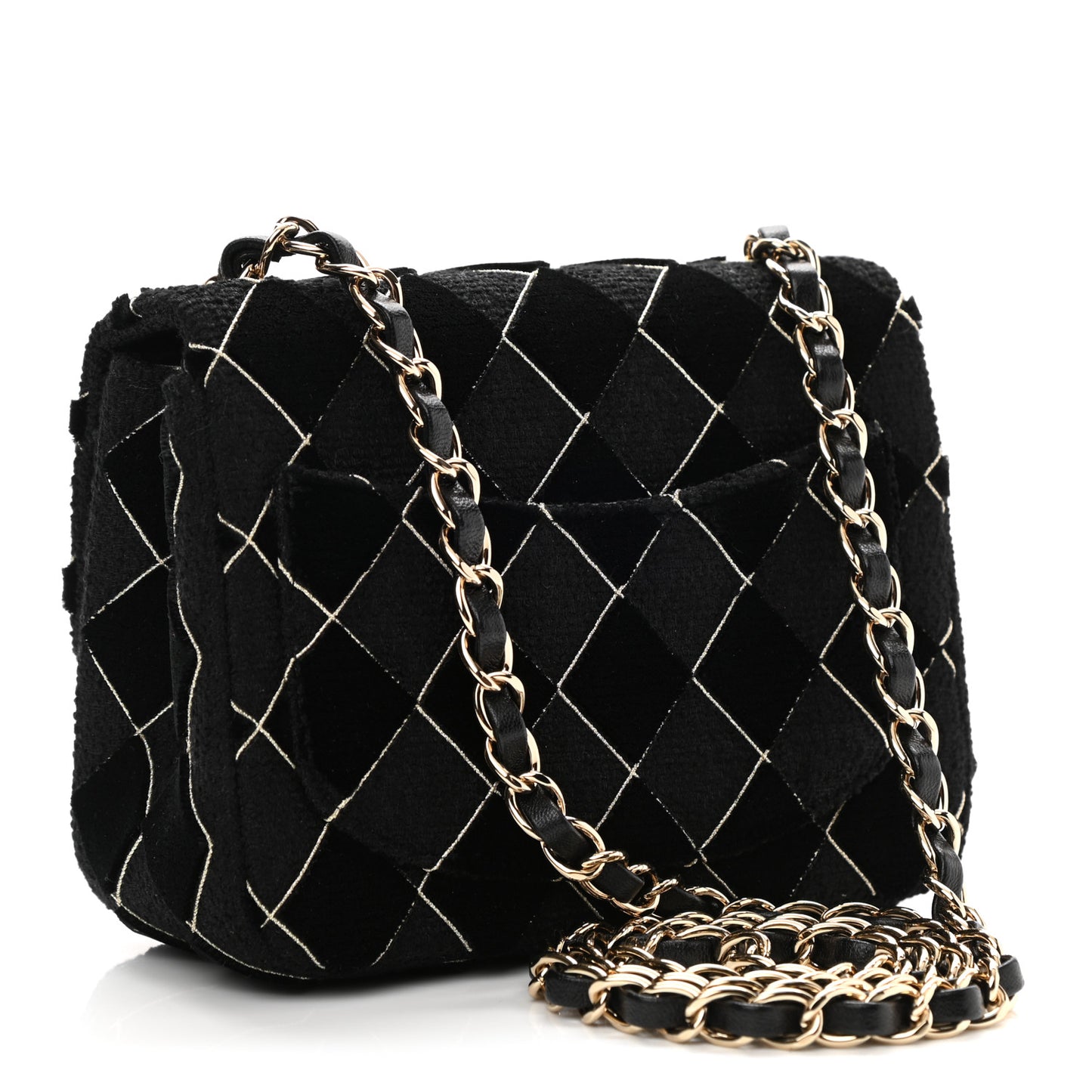 Velvet Tweed Quilted Mini Square Flap Black