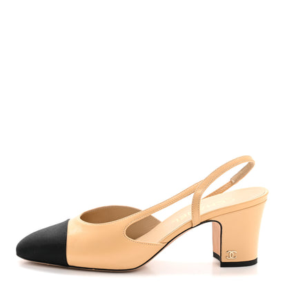 Chanel Goatskin Grosgrain Cap Toe CC Slingback Pumps 38 Beige Black 1 of 11