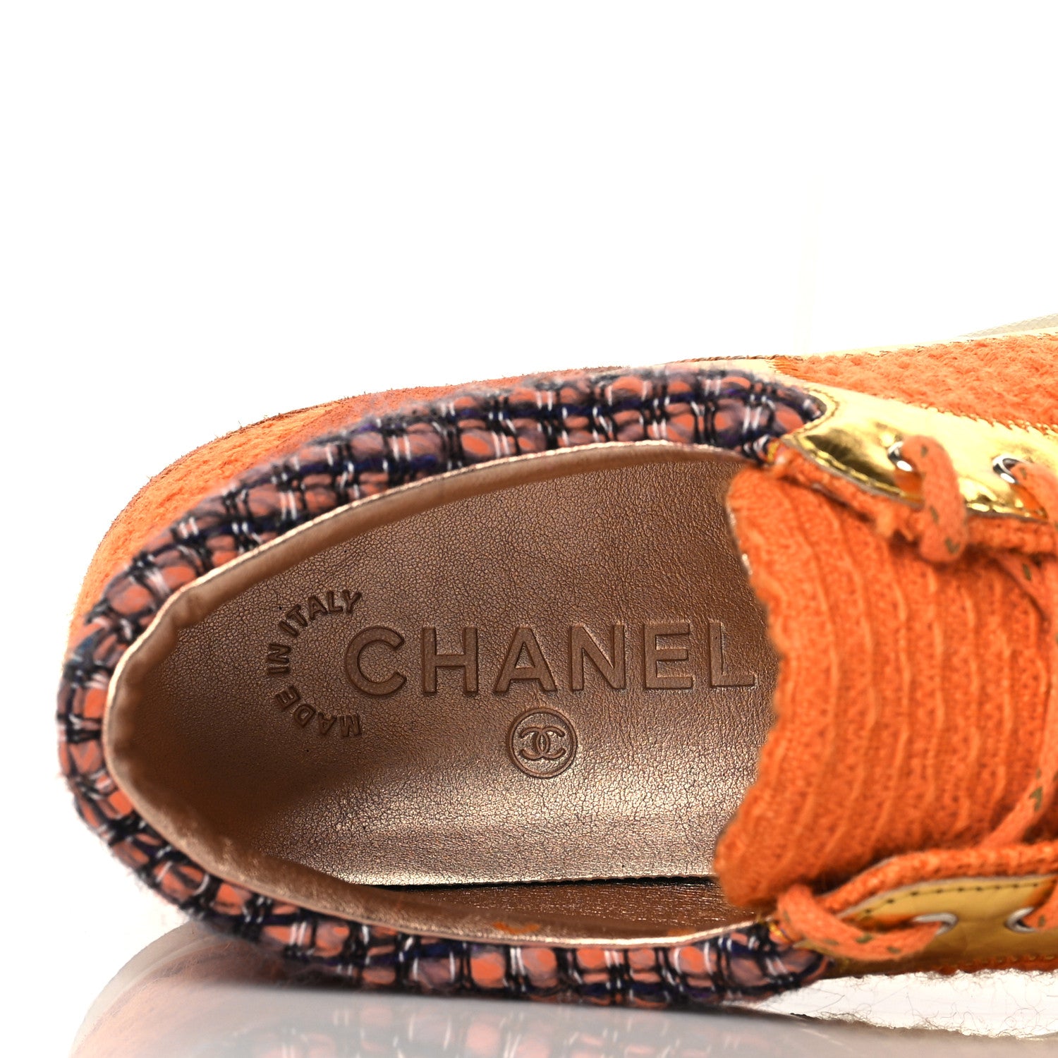 Chanel Tweed Lambskin Tennis Sneakers 38.5 Orange 7 of 8