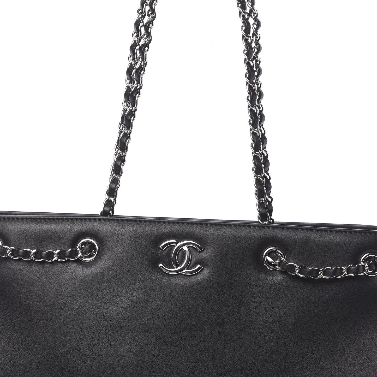 Calfskin Large Woven Chain Shopping Tote Black