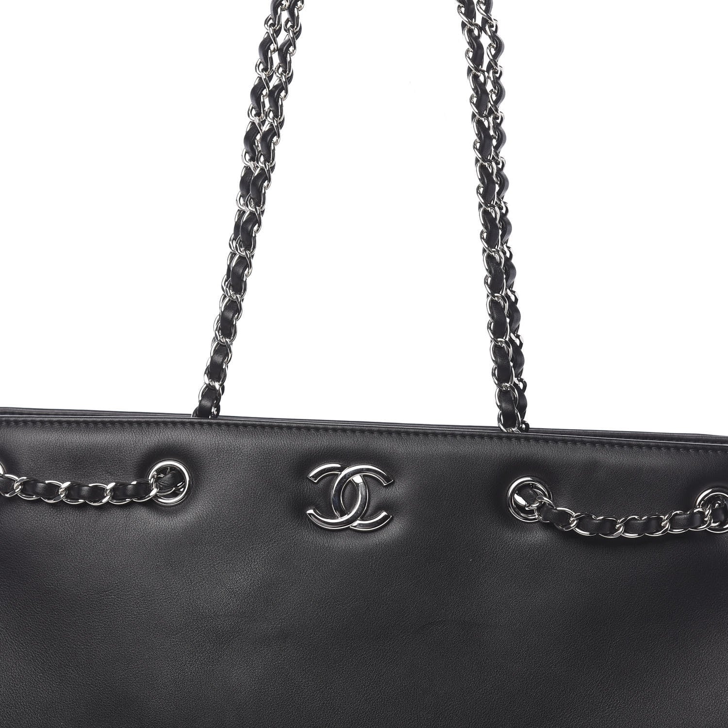 Chanel Calfskin Large Woven Chain Shopping Tote Black 10 of 11