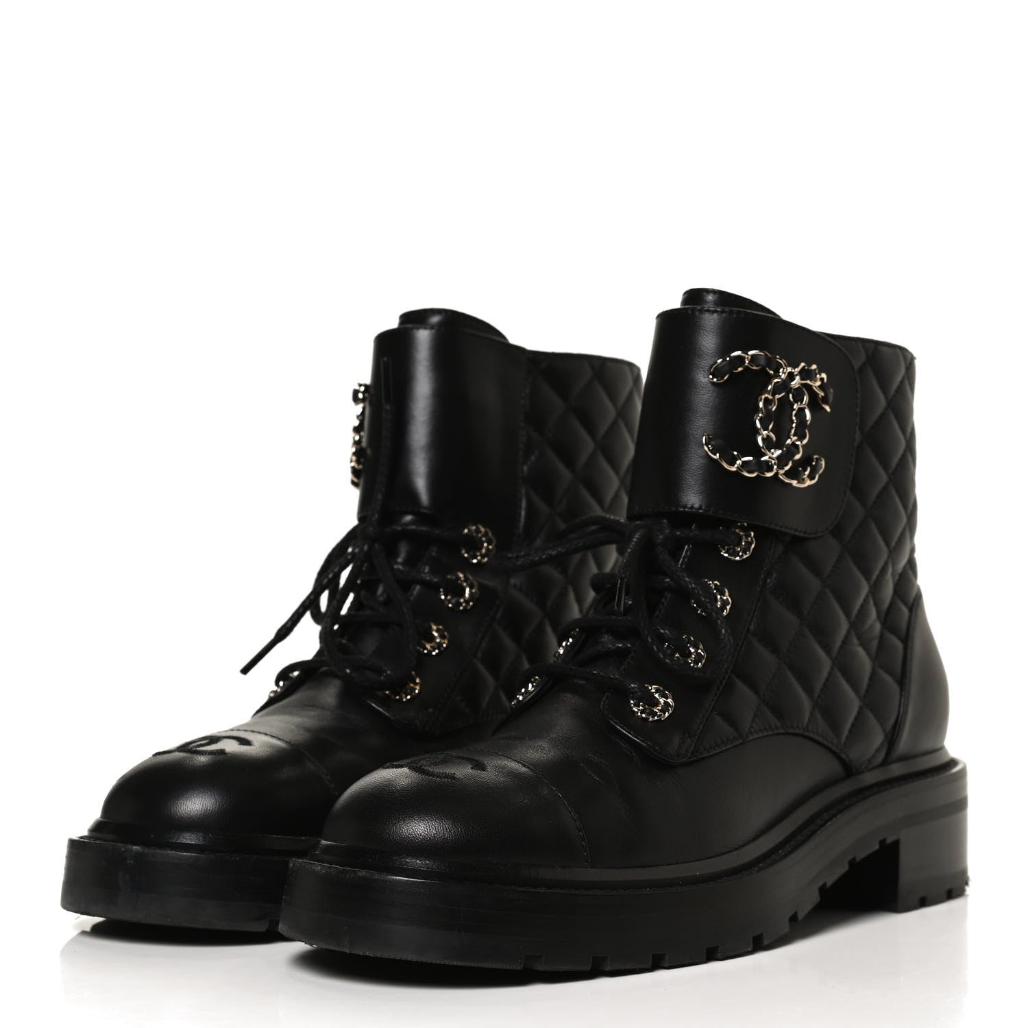 Chanel Shiny Lambskin Quilted Lace Up Combat Boots 38.5 Black 3 of 14