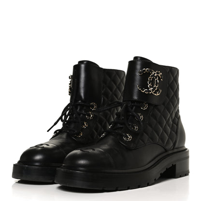 Chanel Shiny Lambskin Quilted Lace Up Combat Boots 38.5 Black 3 of 14