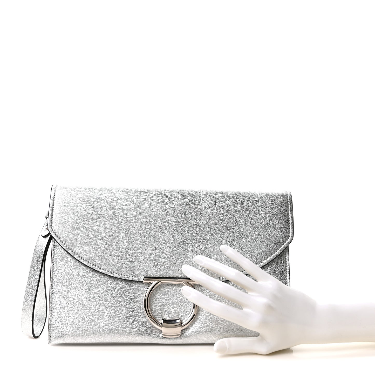 Metallic Calfskin Gancini Clutch Silver