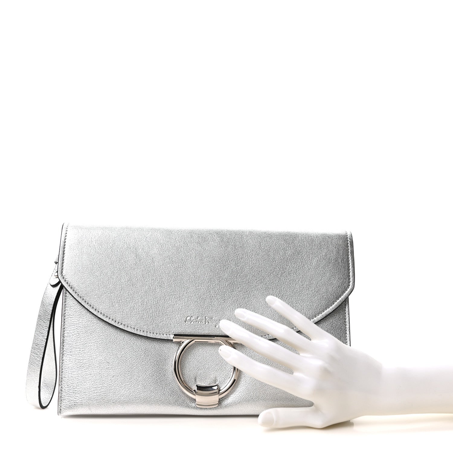 Salvatore Ferragamo Metallic Calfskin Gancini Clutch Silver 2 of 10