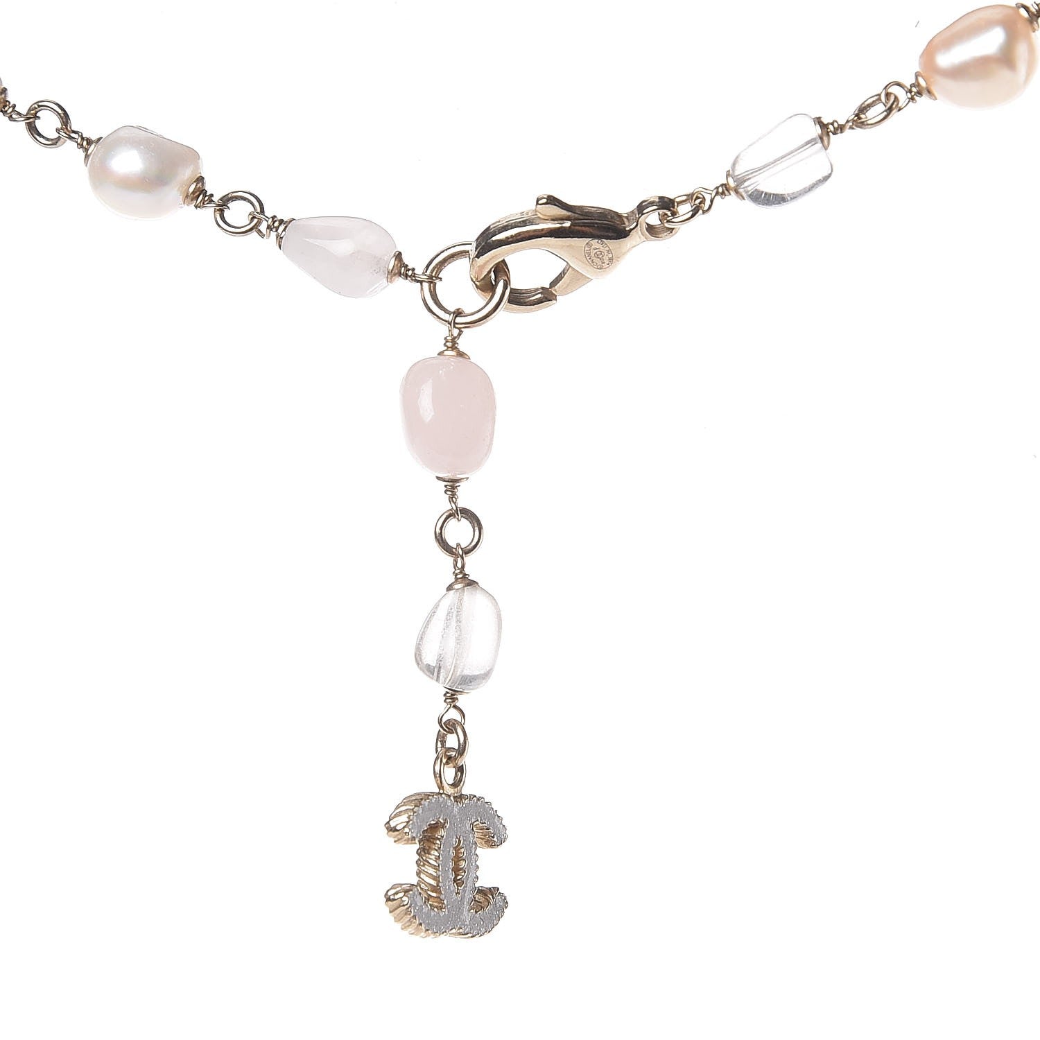 Chanel Crystal Pearl CC Long Necklace Light Gold Pink 4 of 5