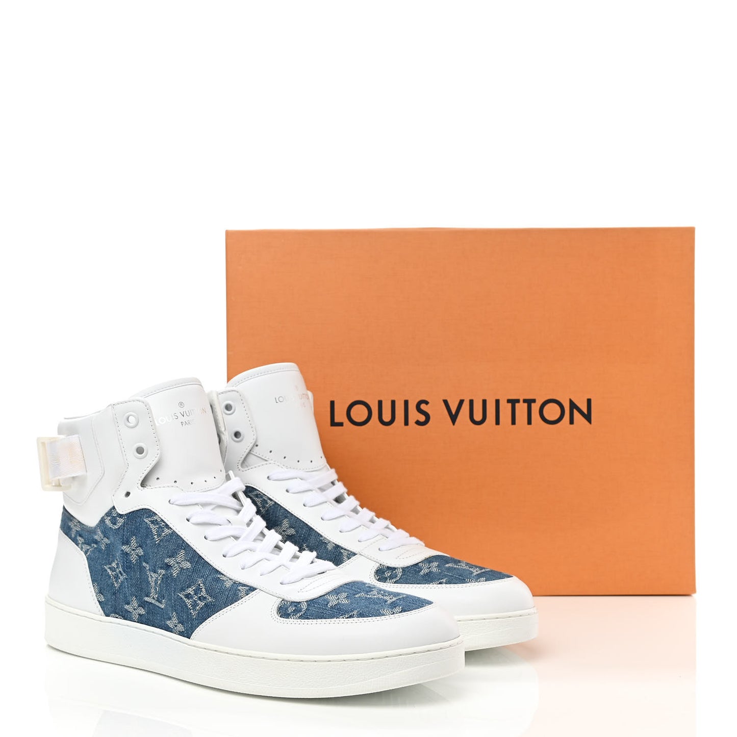 Calfskin Monogram Denim Rivoli High Top Sneakers 10 White