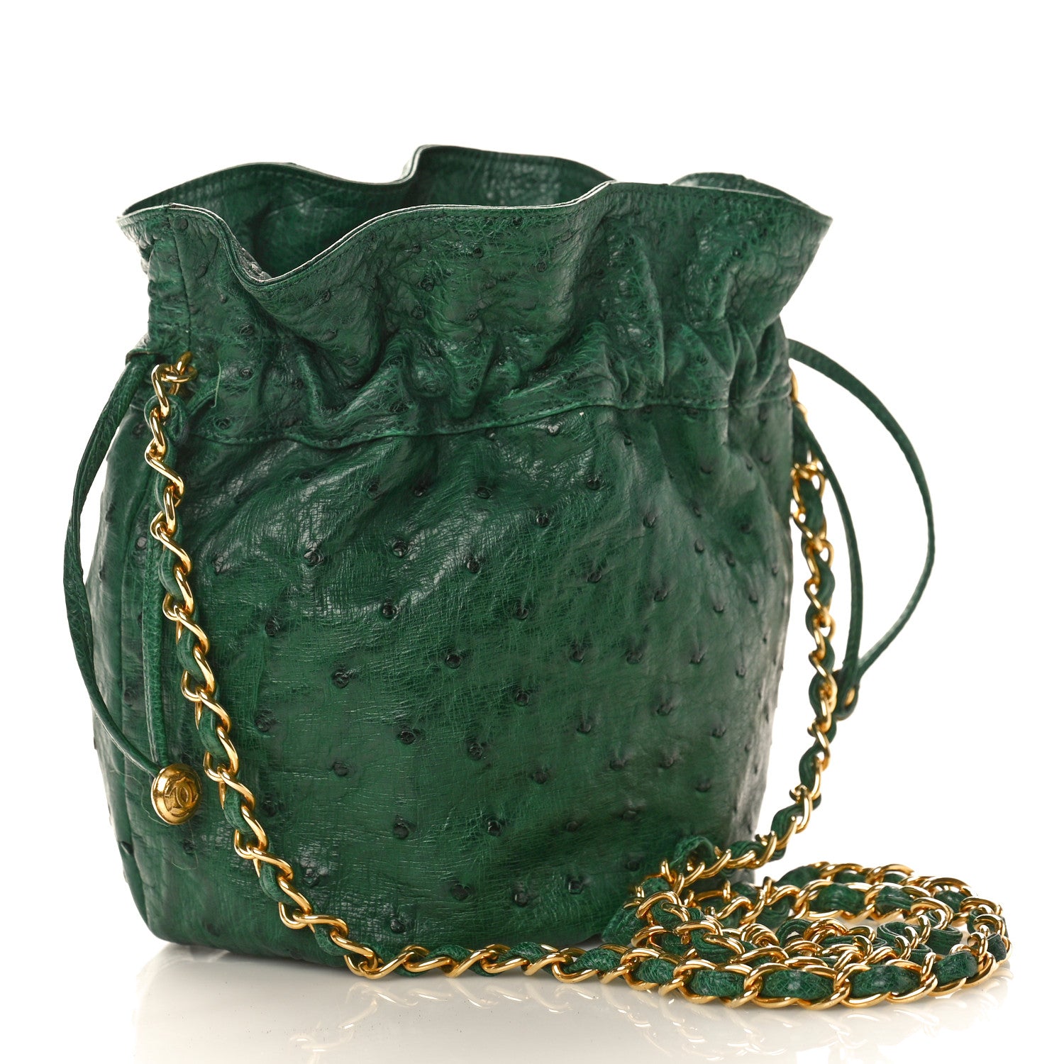 Chanel Ostrich Drawstring Pouch Bag Green 2 of 10