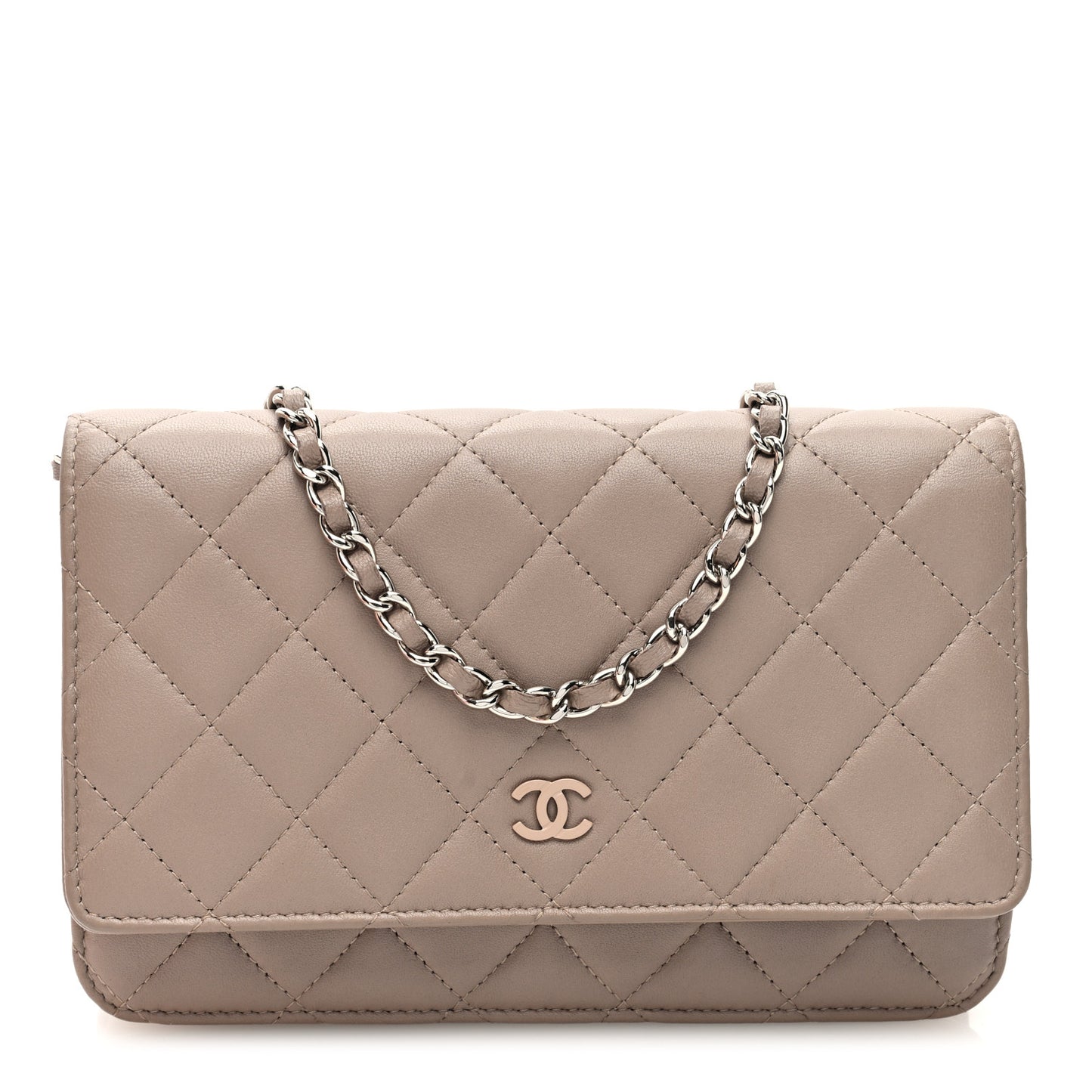 Lambskin Quilted Wallet On Chain WOC Taupe