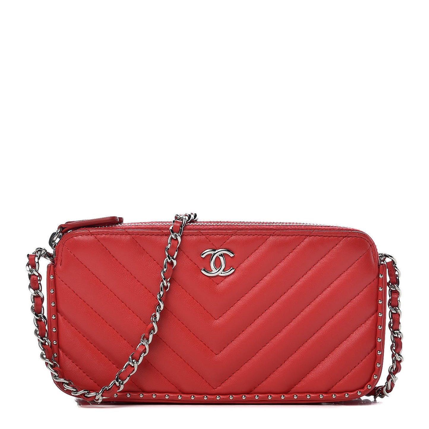 Lambskin Chevron Quilted Studded Small Clutch With Chain Red